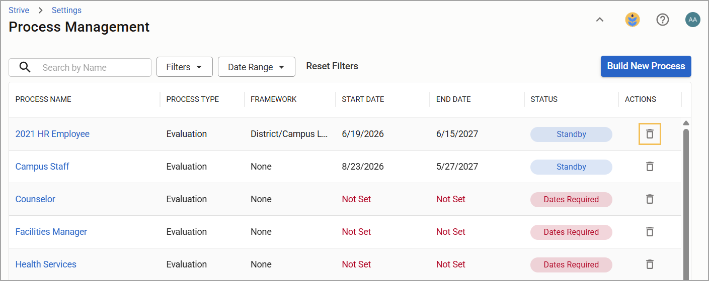 Process management table displaying various processes and the ability to delete them.